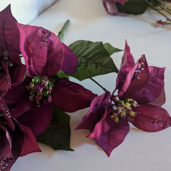 NWT 2 Red Burgundy Poinsettia Floral Bushes Christmas Holiday Ashland Home Decor - Picture 3 of 11